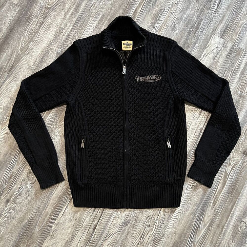 Lucky Brand “Triumph Motorcycles” Black Full Zip Knit Sweater Men’s S